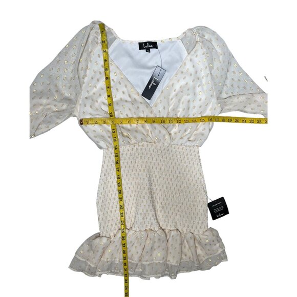 Lulu's All The Cheers Cream and Gold Dotted Smocked Mini Dress Size Medium NWT - Picture 11 of 11